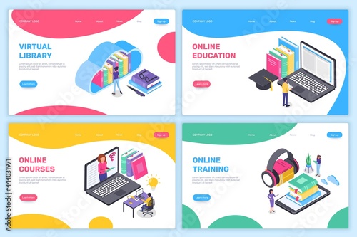 Online education landing page. Isometric learning at home, virtual school, university. Online training courses, digital library concept vector. Teacher giving lecture from laptop monitor
