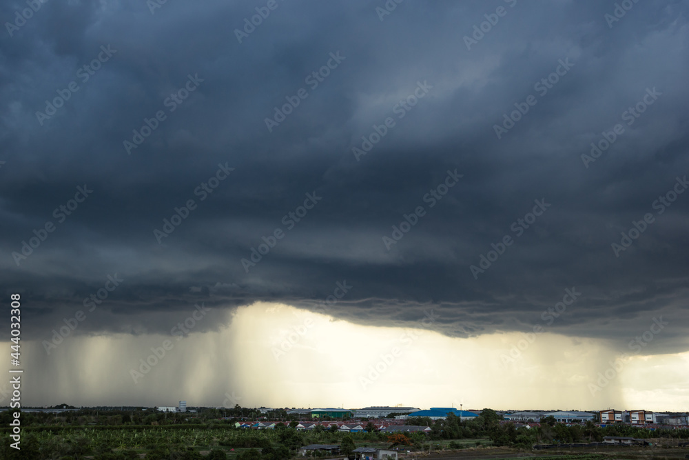 The dark sky with heavy clouds converging and a violent storm before the rain.Bad or moody weather sky and environment. carbon dioxide emissions, greenhouse effect, global warming, climate change.