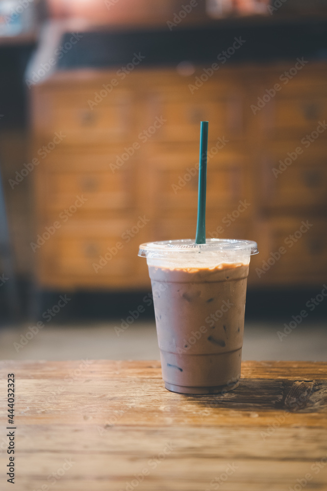 Close-up of iced mocha coffee on table Close-up of iced mocha coffee on table