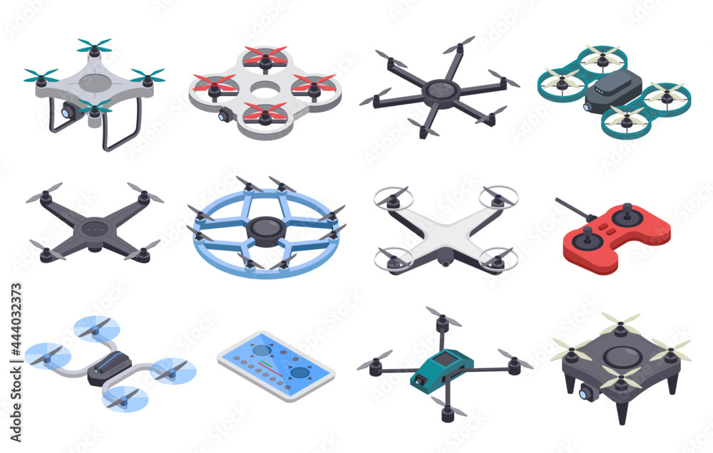 Isometric drone. Unmanned aircraft with propellers, aerial remote transporters. Flying delivery drones with camera, controllers vector set. Air transportation device for monitoring