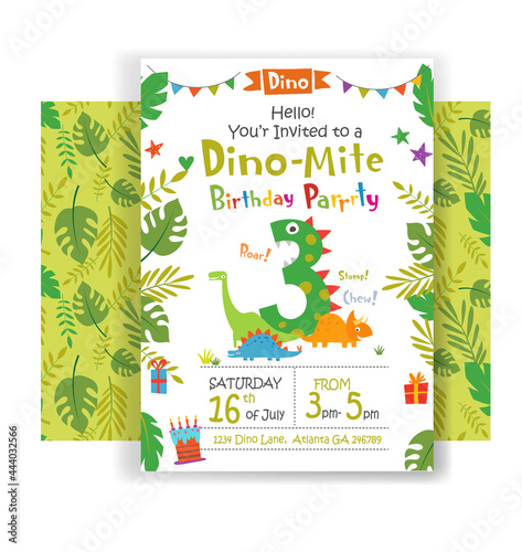 Holiday birthday invitation to Dino Birthday party three years with funny cartoon dinosaurs and design elements. Vector illustration
