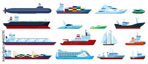 Flat sea boats. Cruise, cargo ship, yacht, sailboat, tugboat, motorboat, submarine, fishing boat. Ocean travel transportation vector set. Different private and industrial vessels isolated photo