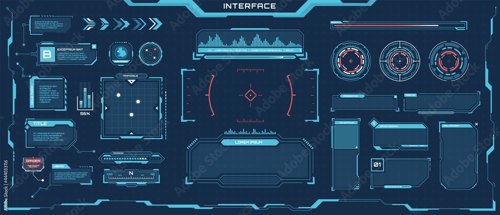 Futuristic hud elements. Cyberpunk space digital panels, frames, callout titles, progress bars. Sci-fi game interface element vector set. Virtual screen with digital panel for games - obrazy, fototapety, plakaty 