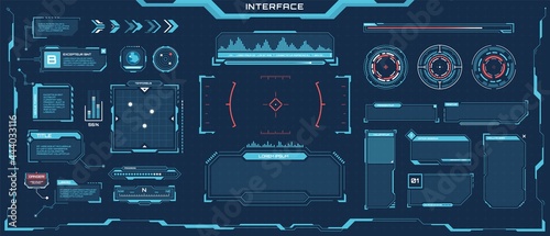 Futuristic hud elements. Cyberpunk space digital panels, frames, callout titles, progress bars. Sci-fi game interface element vector set. Virtual screen with digital panel for games photo