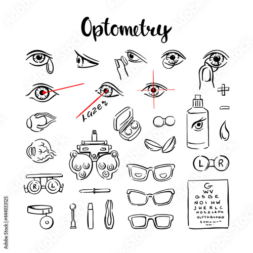 Optometry is a set of icons, with eyes, lenses and glasses for medical information graphics. Hand-drawn vector illustration on a white background
