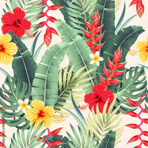 Pattern with red and yellow tropical flowers