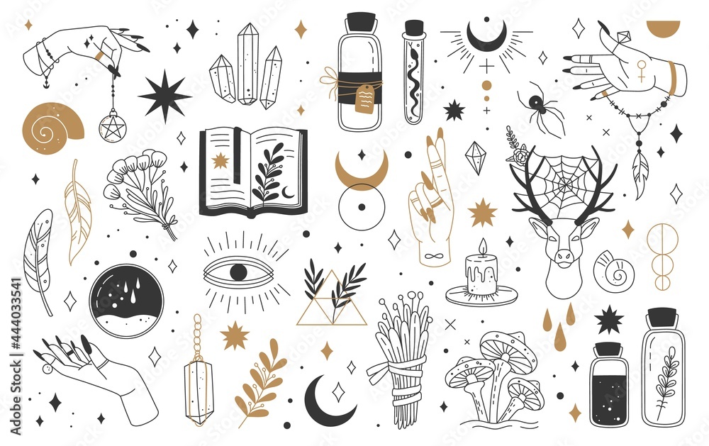 Mystic and esoteric elements. Moon, witch hands crystals, potions flowers. Mystical astrology, magic witchcraft occult symbols vector set. Bottles with poison, talisman and feathers - obrazy, fototapety, plakaty 