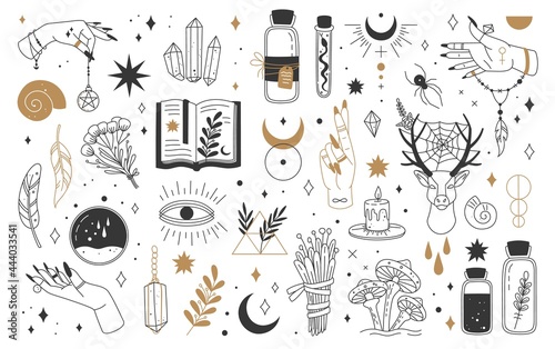 Mystic and esoteric elements. Moon, witch hands crystals, potions flowers. Mystical astrology, magic witchcraft occult symbols vector set. Bottles with poison, talisman and feathers