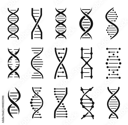 Dna molecule structure icons. Chromosome chain helix, genetic code logo. Biotechnology, medical science, gene strand silhouette icon vector set. Spiral form, laboratory isolated icon
