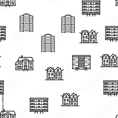 House Constructions Vector Seamless Pattern Thin Line Illustration