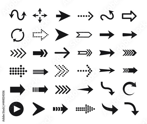 Arrow icon. Arrows pictograms, buttons, web cursors, pointers. Up, down, right, left direction signs. Curve and straight arrows symbol vector set. Navigation, location and orientation sign