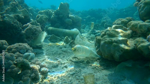 Beautiful coral reef covered with plastic and other garbage, colorful tropical fish swims over this debris. Plastic pollution of the Ocean. Camera slowly moving forward above seabed with plastic trash
