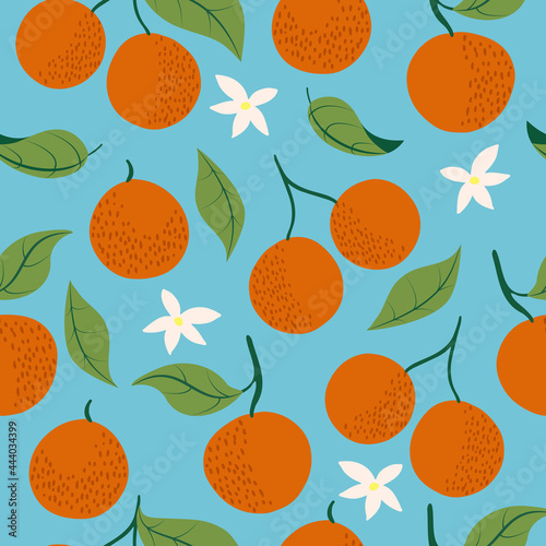 Vector seamless pattern with vivid oranges with leaves and flowers with a bright summer sky background