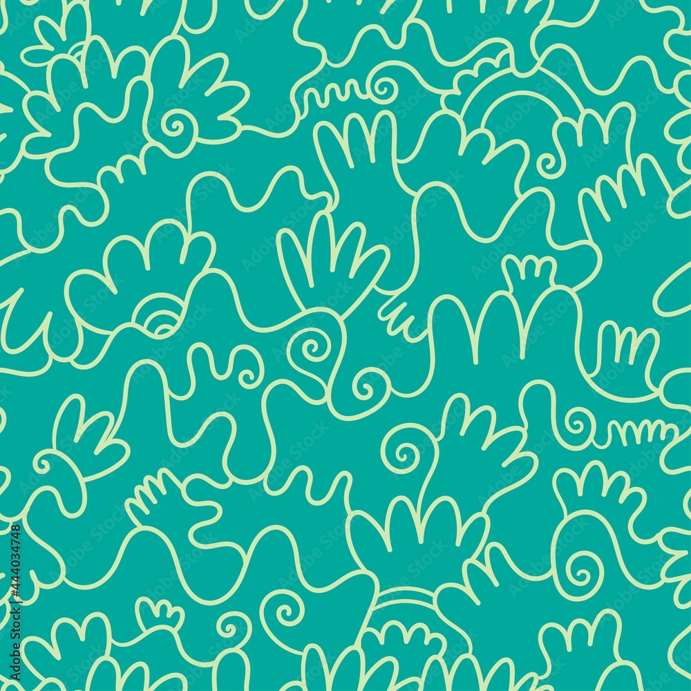 Abstract seamless pattern on green background. Doodle plants wallpaper. Line art branched print.