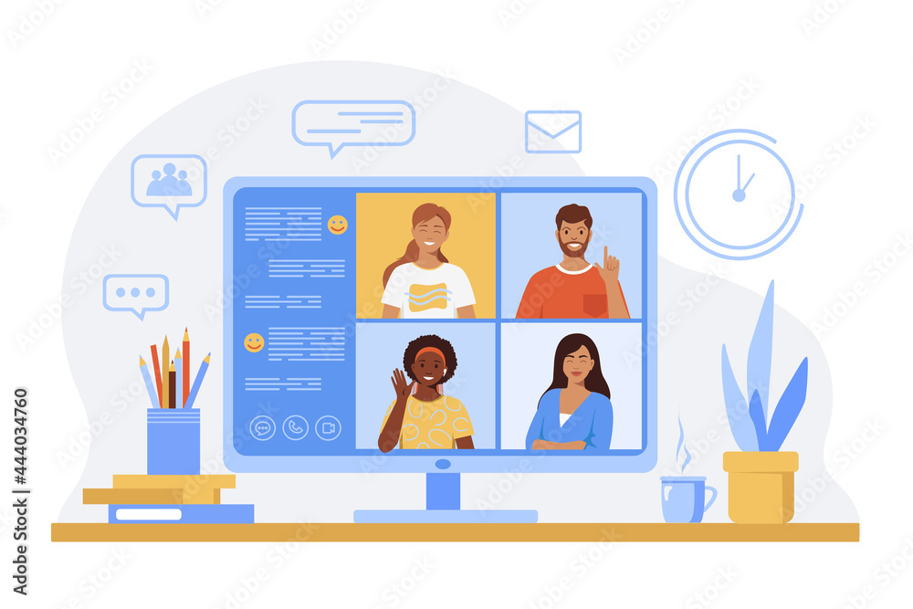 Online Meeting, Virtual Conference Video call, web chatting, Briefing, Teamwork Concept. Vector illustration in flat style. Online Meeting, Virtual Conference Video call, web chatting, Briefing, Teamwork Concept. Vector illustration in flat style.