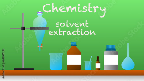 Solvent extraction in chemistry. consist of separators funnel, beaker, volumetric flask, chemical bottle, chalkboard with chemistry text photo