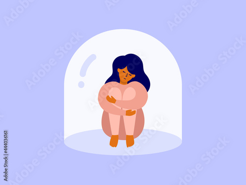Unhappy woman sitting hugging her knees under real or imagined glass dome. Mental disorder, female depression, loneliness. Upset girl in psychological trapped, cage. Void or vacuum vector illustration photo