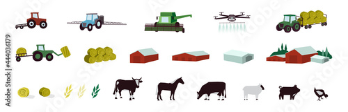 Agriculture and livestock icons set. Agricultural machinery, building, farm animals, cattle, irrigation, plowing tractor, combine harvester, drone. Farming industry signs. Isolated vector illustration