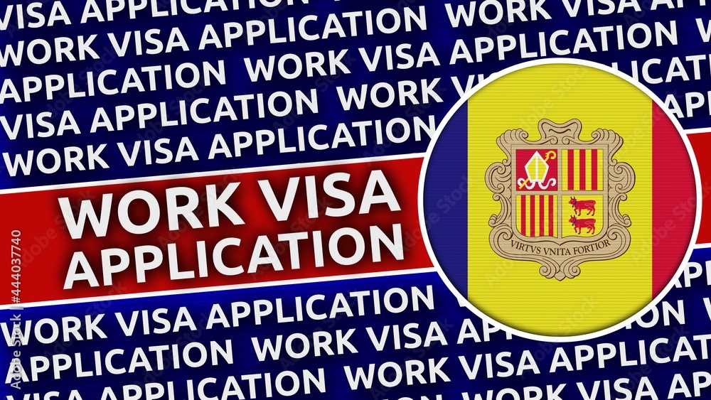 Obraz premium Andorra Circular Flag with Work Visa Application Titles - 3D Illustration
