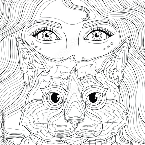 Girl and cat.Coloring book antistress for children and adults. Illustration isolated on white background.Zen-tangle style. Hand draw