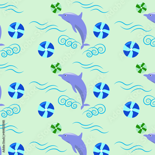 Seamless vector pattern with dolphins and beach balls.  Simple dolphin. Adorable sea creatures. Cartoon vector illustration.