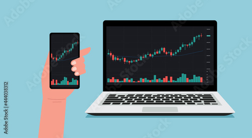 human hand using smartphone connect with laptop trading cryptocurrency, forex, stock on screen with financial chart to buy and sell for exchange market concept, vector flat illustration