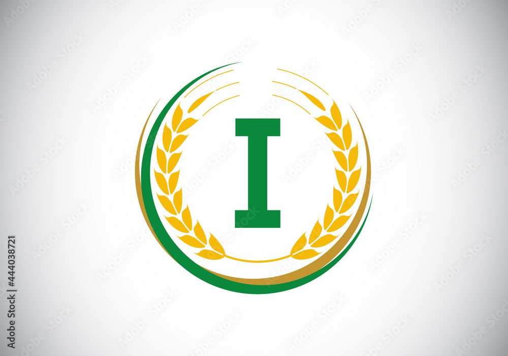 Initial letter I sign symbol with wheat ears wreath. Organic wheat farming logo design concept. Agriculture logo design vector template. Initial letter I sign symbol with wheat ears wreath. Organic wheat farming logo design concept. Agriculture logo design vector template.