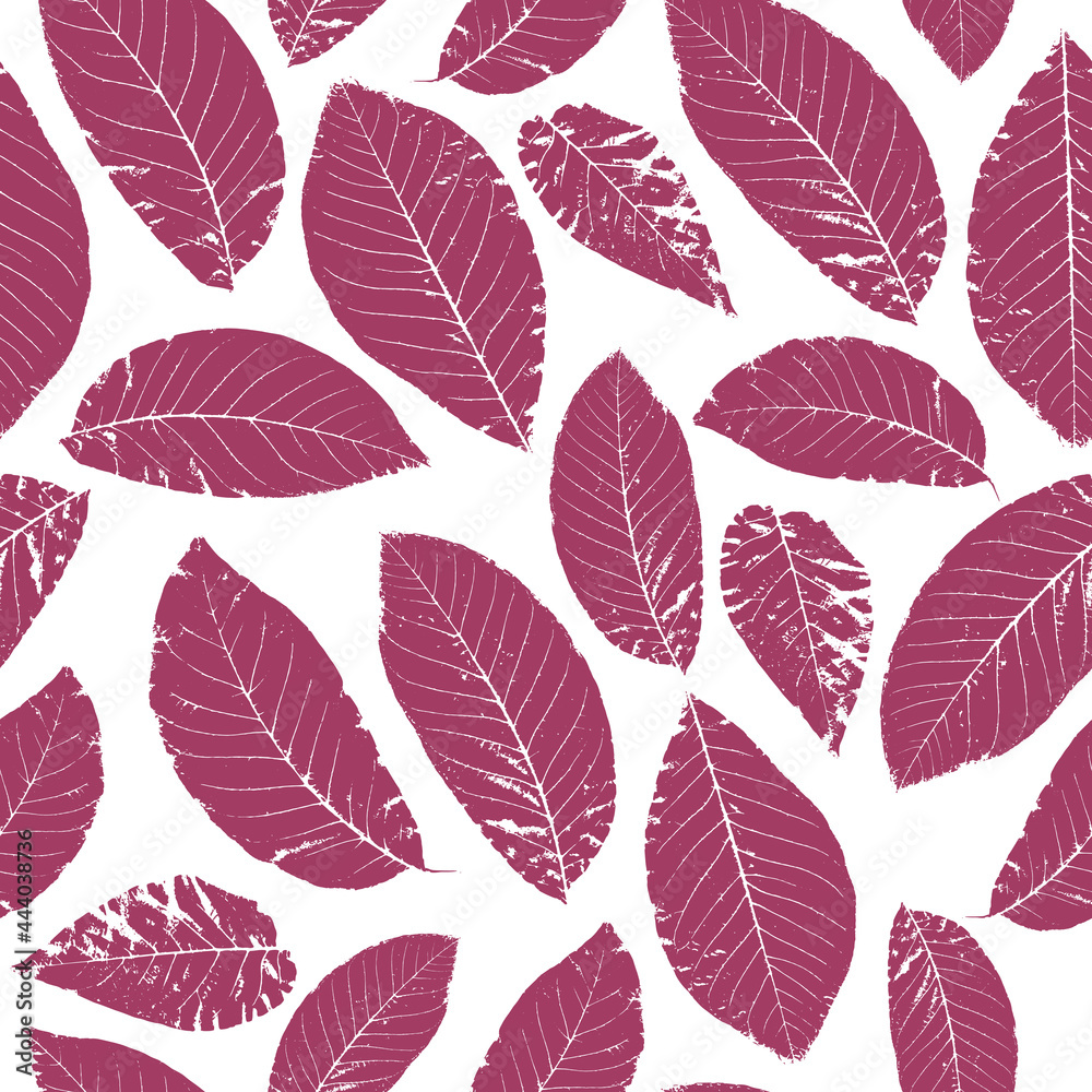 Vector seamless pattern with pink leaves on white background