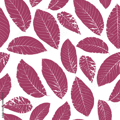 Vector seamless pattern with pink leaves on white background