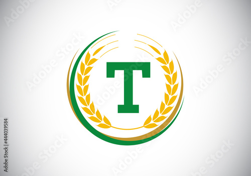 Initial letter T sign symbol with wheat ears wreath. Organic wheat farming logo design concept. Agriculture logo design vector template.