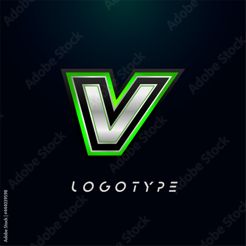 Letter V for video game logo and super hero monogram. Sport gaming emblem, bold futuristic letter with sharp angles and green outline. Tilted sharp letter type on black background