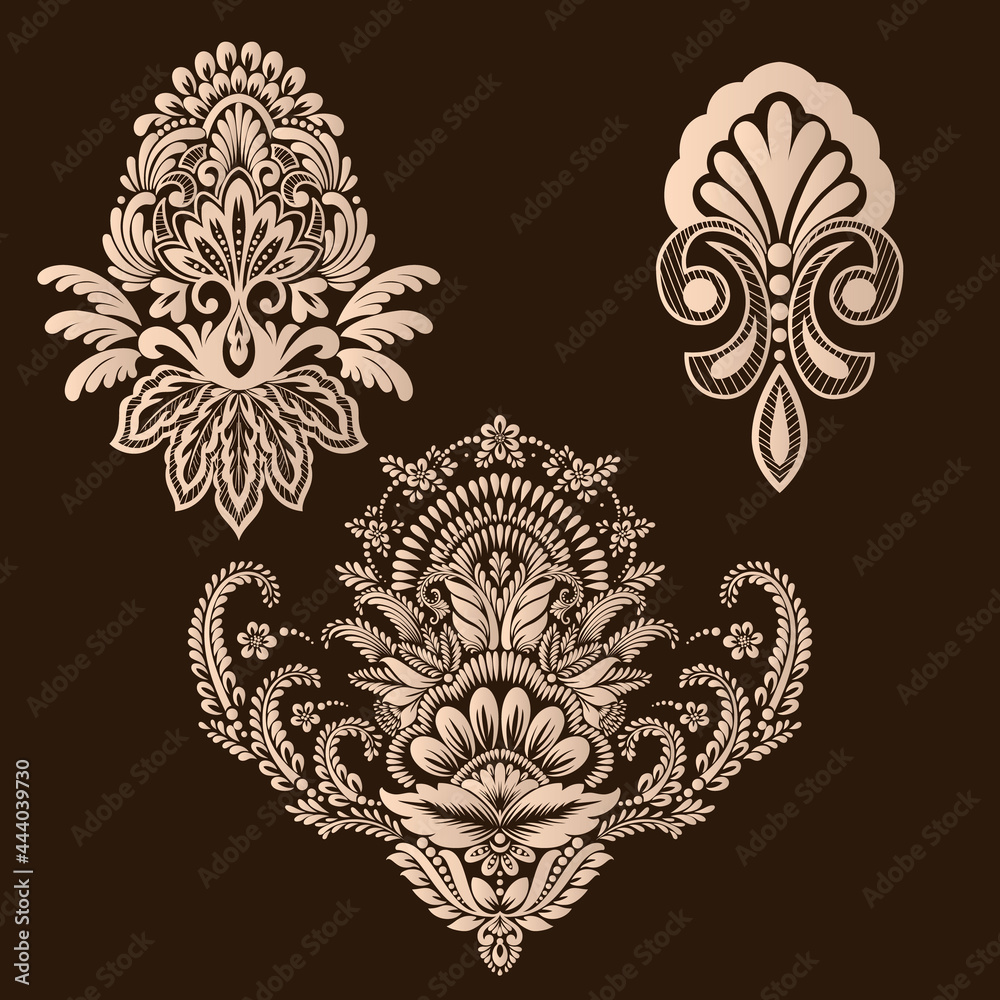 Vector set of damask ornamental elements. Elegant floral abstract elements for design. Perfect for invitations, cards etc. Vector set of damask ornamental elements. Elegant floral abstract elements for design. Perfect for invitations, cards etc.