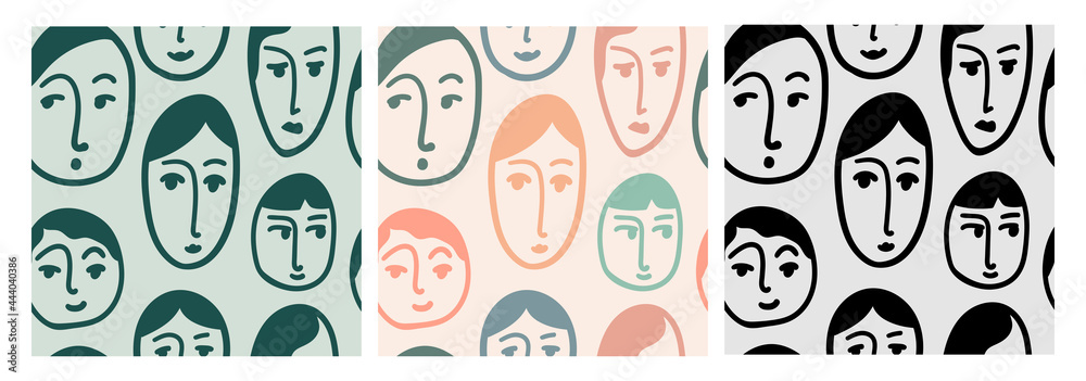 Set seamless abstract pattern with women's faces. Collection background with people's heads drawn with a line. Illustration for textiles, wallpaper, wrapping paper. Vector Set seamless abstract pattern with women's faces. Collection background with people's heads drawn with a line. Illustration for textiles, wallpaper, wrapping paper. Vector