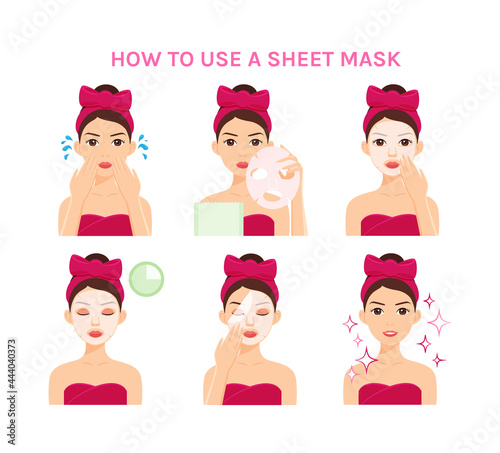 Cute Girl with Head Band Bow Applyes a Sheet Moisturizing Mask on Face. Steps. Instruction. Healthy Facial Hygiene. Flat Cartoon Color Woman. White background. Illustration for Beauty, Medical Design.