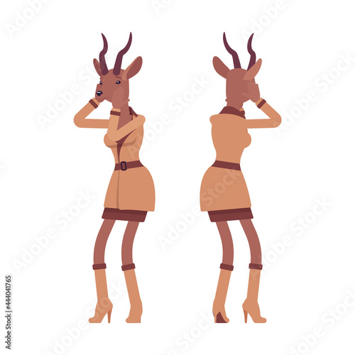 Roe deer woman in despair, elegant gazelle lady, animal head stylish human. Deerlike businesswoman, slim antelope wearing office outfit. Vector flat style cartoon illustration, front and rear view