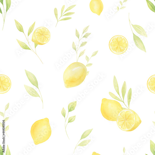 Watercolor lemon citrus leaves seamless pattern. Hand-painted lemons background with greenery for textile, covers, fabric. 