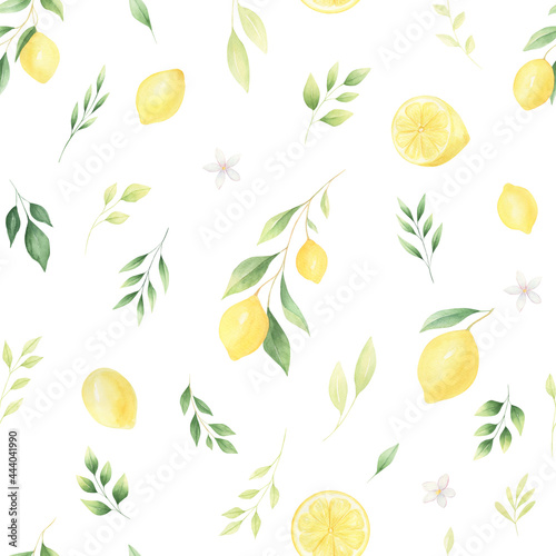 Watercolor lemon citrus leaves seamless pattern. Hand-painted lemons background with greenery for textile, covers, fabric. 