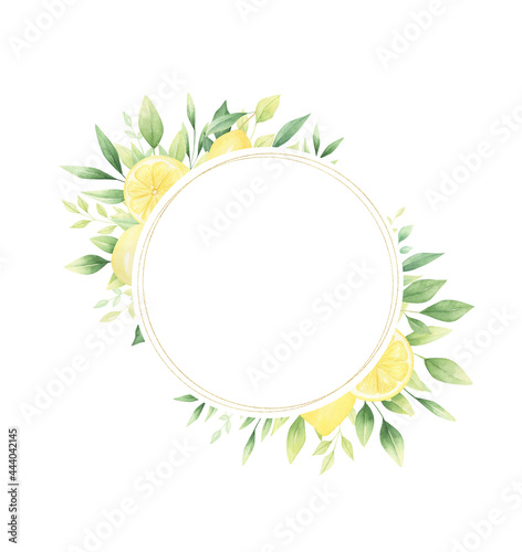 Watercolor lemons citrus floral frame isolated on white background. Perfect for greeting cards, cute gifts, stickers, social networking and promotions, packaging, covers, and more.