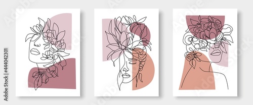 Beauty Woman Face In Flowers Line Art Drawing Set. Woman Head with Flowers One Line Drawing Prints.  Elegant Female Sketch Poster with Minimalist Girl Portrait Illustration Print. Vector EPS 10