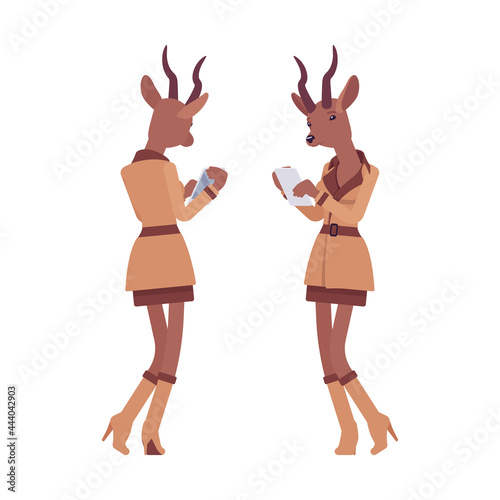 Roe deer woman with smartphone, elegant gazelle lady, animal head stylish human. Deerlike businesswoman, slim antelope wearing office outfit. Vector flat style cartoon illustration, front, rear view