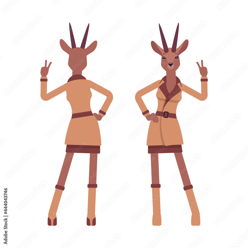 Fototapeta premium Roe deer woman showing v gesture, elegant gazelle lady, animal head stylish human. Deerlike businesswoman, antelope wearing office outfit. Vector flat style cartoon illustration, front and rear view