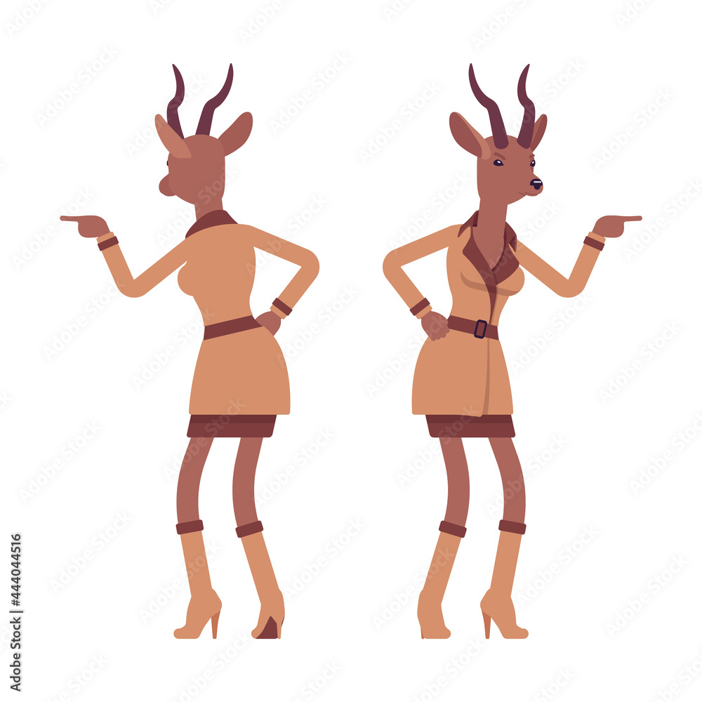 Roe deer woman in anger, elegant gazelle lady, animal head stylish human. Deerlike businesswoman, slim antelope wearing office outfit. Vector flat style cartoon illustration, front and rear view