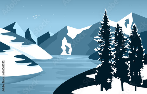 Frozen Lake Winter Ice Mountain Pine Nature Landscape Illustration