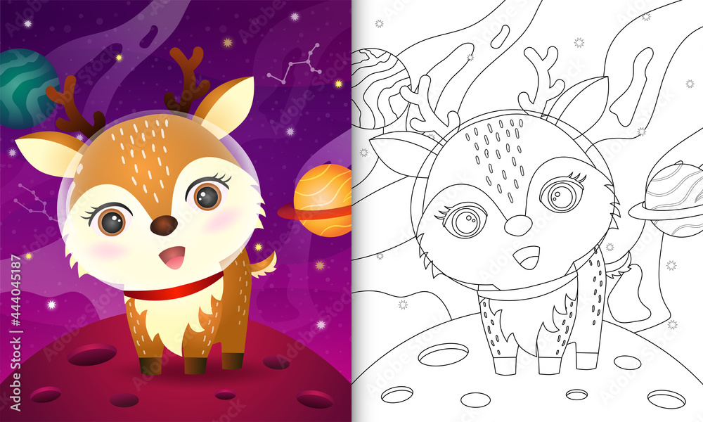 Fototapeta premium coloring book for kids with a cute deer in the space galaxy