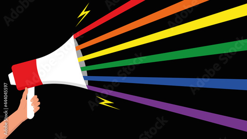 Illustration of hand holding a megaphone with the colors of the LGBT flag coming out of it. Tolerance and freedom concept. 