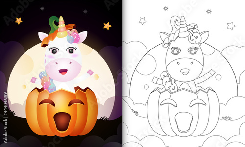 coloring book with a cute unicorn in the halloween pumpkin