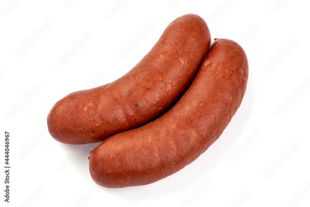 Smoked pork sausages, isolated on white background. Smoked pork sausages, isolated on white background.