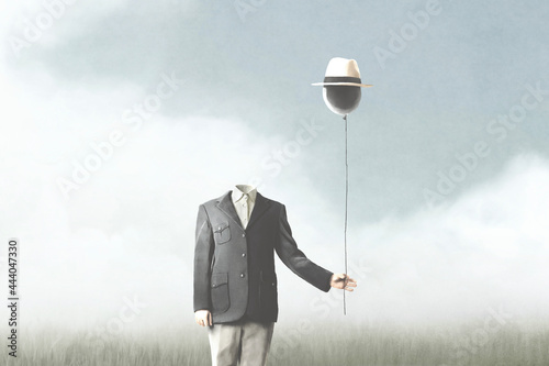 illustration of surreal man without face holding a black balloon, surreal abstract concept