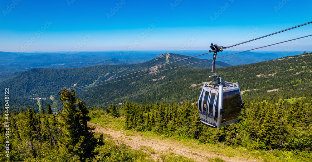 Sheregesh ski lift resort in summer, landscape on mountain and hotels, aerial top view Kemerovo region Russia