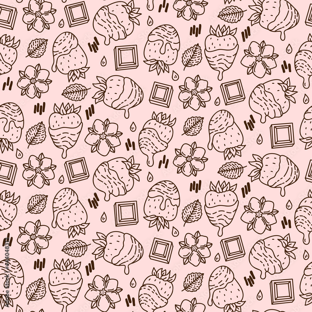 Chocolate strawberry Seamless pattern, vector. Berry, flowers and leaves. Graphic hand drawn flat style. Doodle illustration for packaging, menu cards, posters, prints. Chocolate strawberry Seamless pattern, vector. Berry, flowers and leaves. Graphic hand drawn flat style. Doodle illustration for packaging, menu cards, posters, prints.